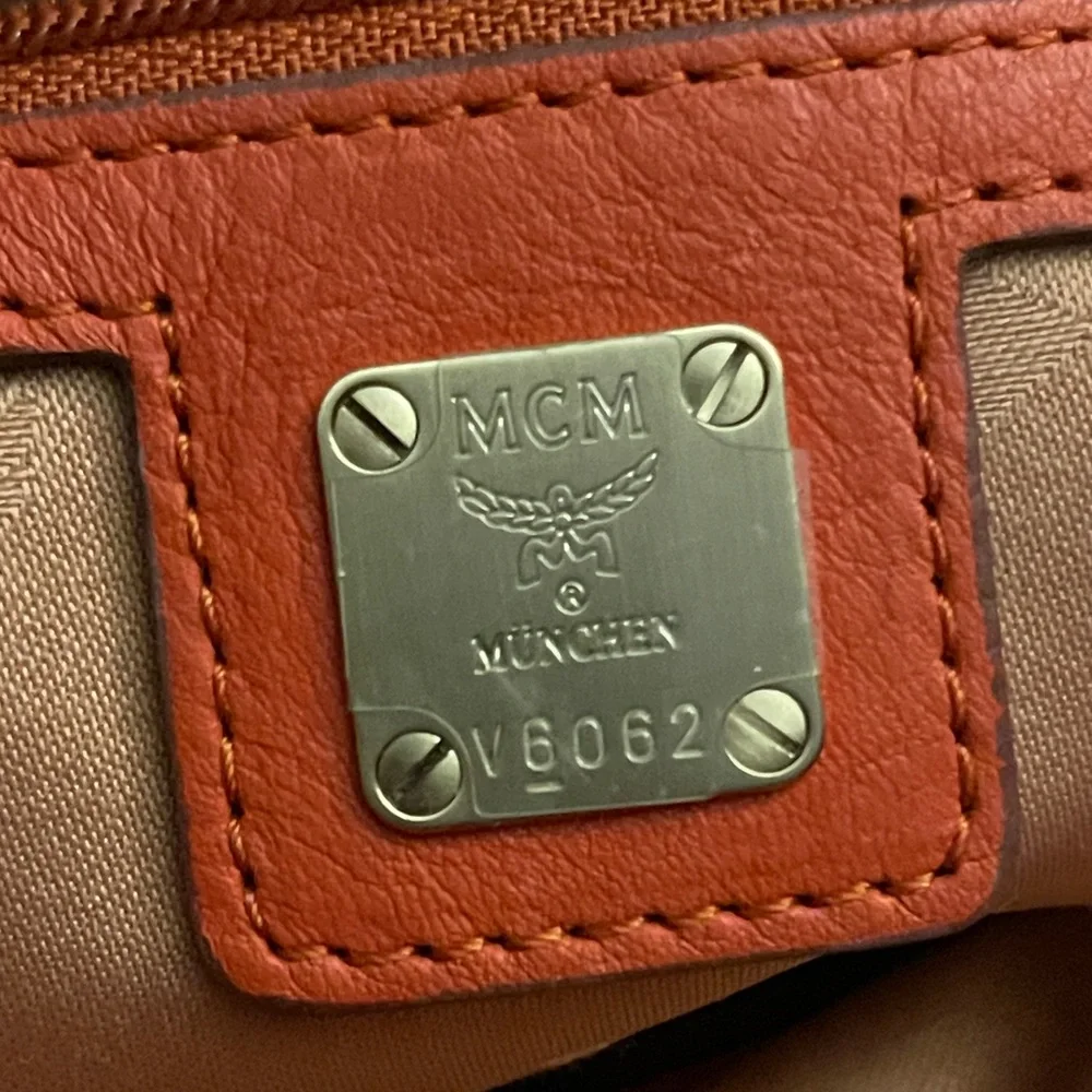 MCM Orange Embossed Leather Medium Two-way Bag W/ Detachable Strap EUC